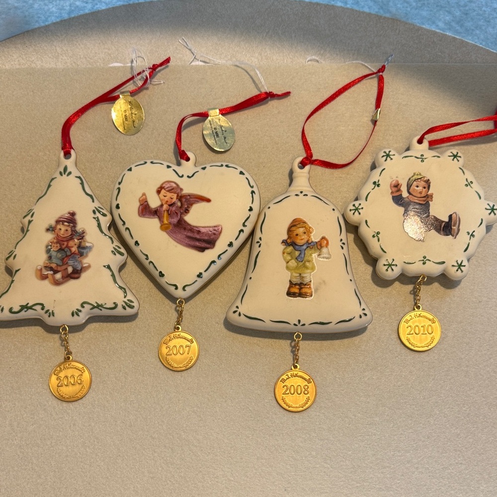 Hummel Set of Four Holiday Ornaments with year charms 2006, 2007, 2008, 2010